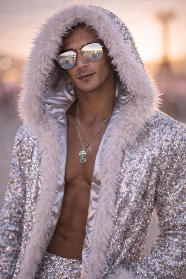 ZEVQ premium silver sequin kaftan set with hooded robe and matching shorts for festival wear