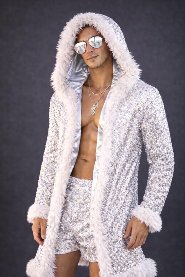 ZEVQ premium silver sequin kaftan set with hooded robe and matching shorts for festival wear