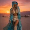 Turquoise sequin hooded duster coat with satin lining for festival wear