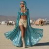 Turquoise sequin hooded duster coat with satin lining for festival wear