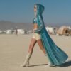 Turquoise sequin hooded duster coat with satin lining for festival wear