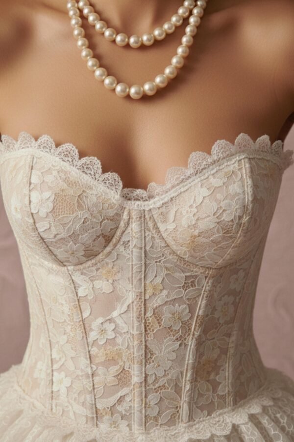 Ivory Lace Corset Tiered Skirt Set by ZEVQ, a premium festival bridal and cyberpunk fashion outfit.