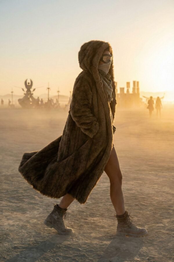ZEVQ premium brown faux fur hooded festival parka worn at a festival