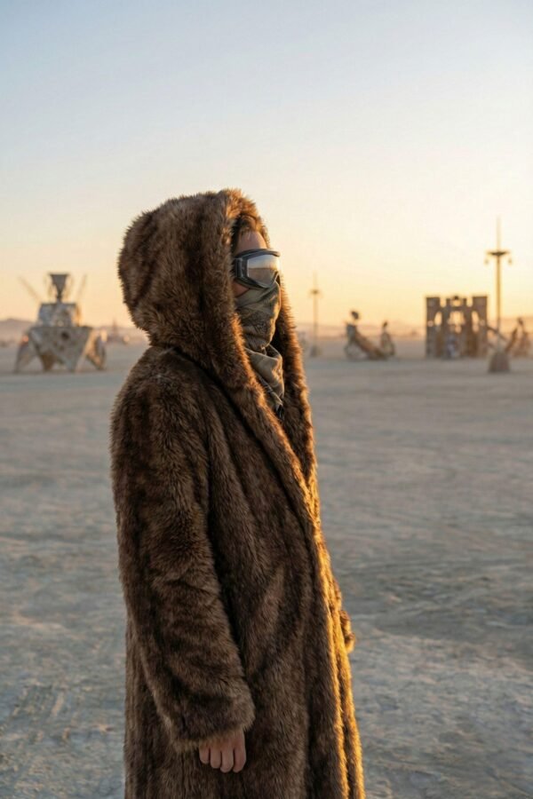 ZEVQ premium brown faux fur hooded festival parka worn at a festival