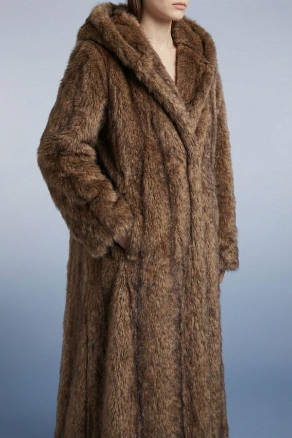 ZEVQ premium brown faux fur hooded festival parka worn at a festival