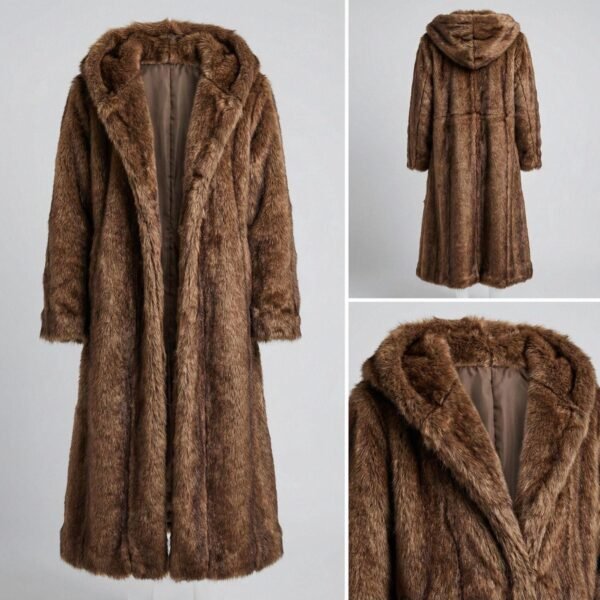 ZEVQ premium brown faux fur hooded festival parka worn at a festival