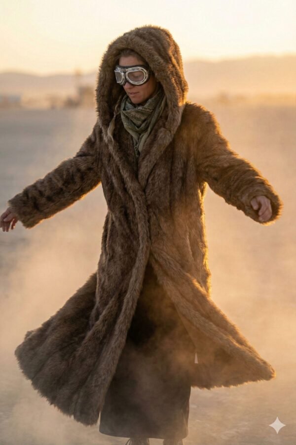 ZEVQ premium brown faux fur hooded festival parka worn at a festival