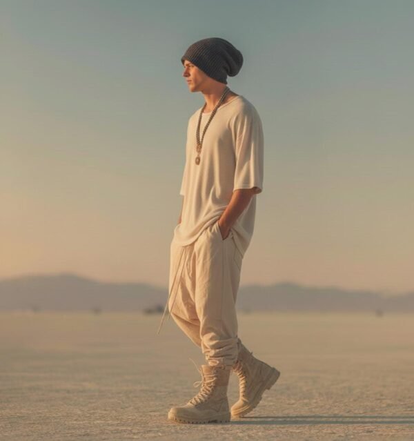 ZEVQ premium oversize boho festival t-shirt in off-white, modeled for desert festival wear.