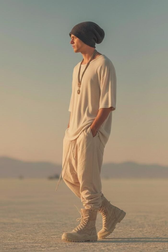 ZEVQ premium oversize boho festival t-shirt in off-white, modeled for desert festival wear.