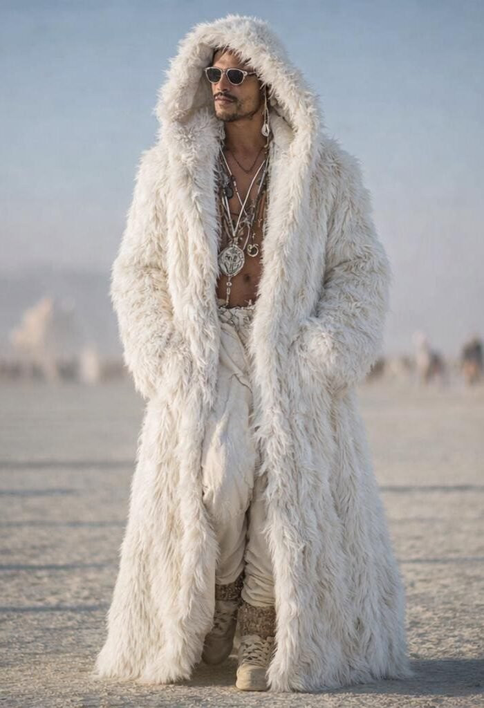 Premium white faux fur duster hooded coat for Burning Man and festival wear, modeled on the Playa.