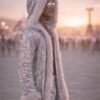 ZEVQ premium silver sequin kaftan set with hooded robe and matching shorts for festival wear