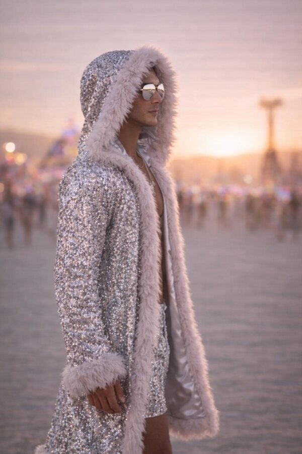 ZEVQ premium silver sequin kaftan set with hooded robe and matching shorts for festival wear