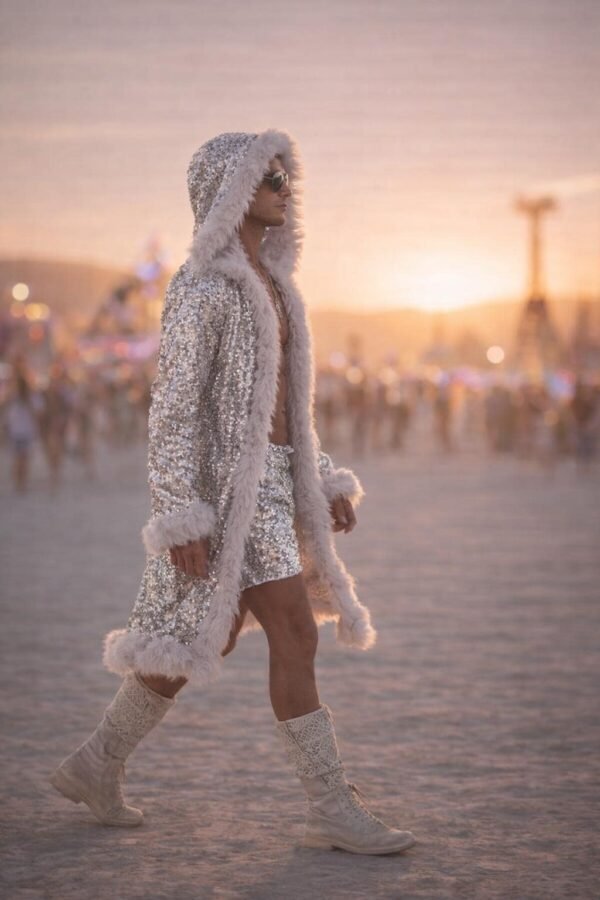 ZEVQ premium silver sequin kaftan set with hooded robe and matching shorts for festival wear