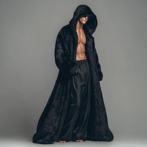 Custom faux fur duster, a black hooded maxi robe for festival fashion and luxury lounging.