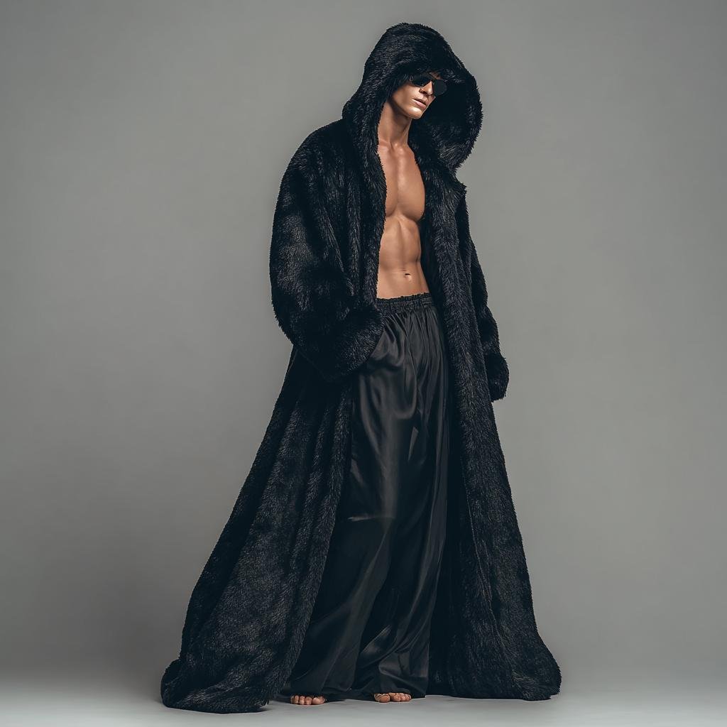 Custom faux fur duster, a black hooded maxi robe for festival fashion and luxury lounging.