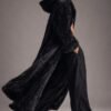 Custom faux fur duster, a black hooded maxi robe for festival fashion and luxury lounging.