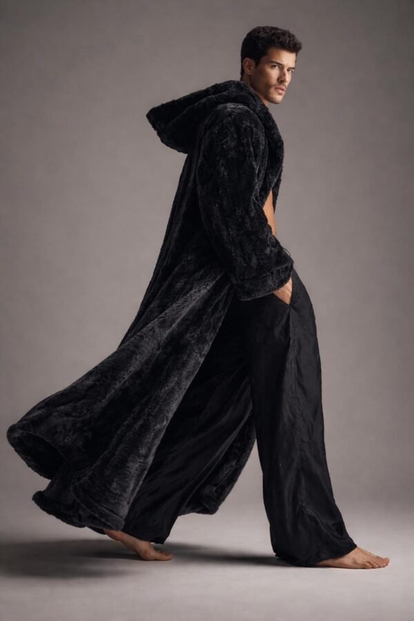 Custom faux fur duster, a black hooded maxi robe for festival fashion and luxury lounging.