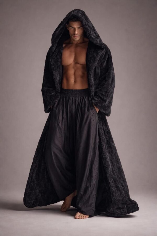 Custom faux fur duster, a black hooded maxi robe for festival fashion and luxury lounging.