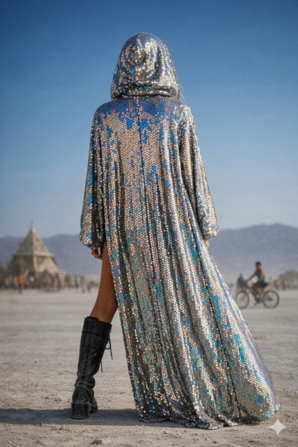 ZEVQ's custom holographic sequin duster, a shimmering festival kimono, worn at a vibrant event.