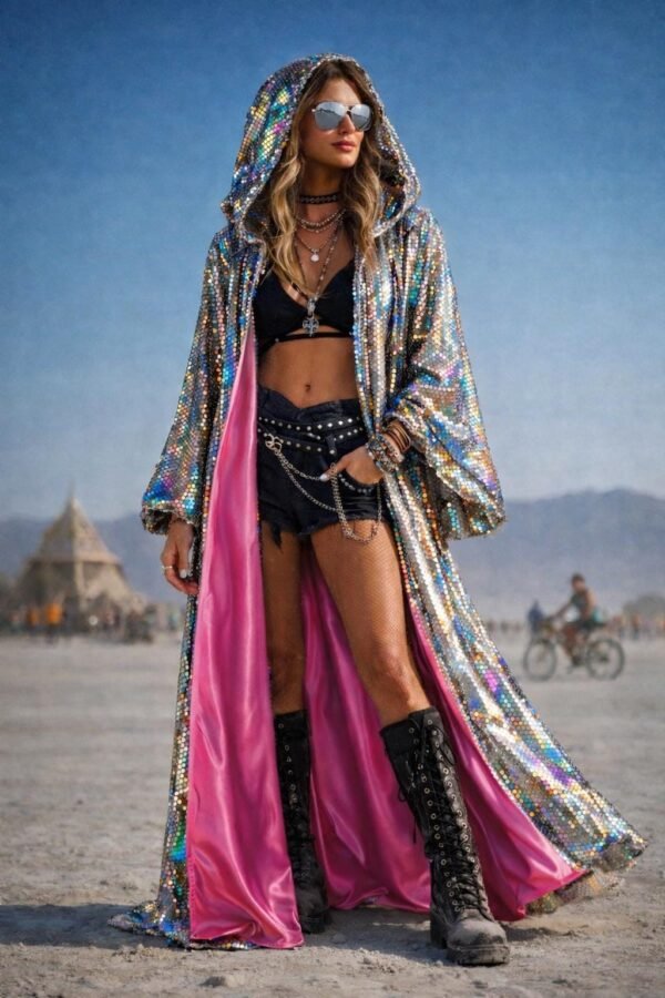 ZEVQ's custom holographic sequin duster, a shimmering festival kimono, worn at a vibrant event.