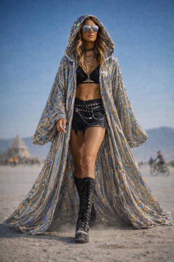 ZEVQ's custom holographic sequin duster, a shimmering festival kimono, worn at a vibrant event.