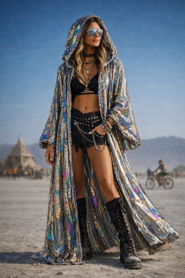 ZEVQ's custom holographic sequin duster, a shimmering festival kimono, worn at a vibrant event.