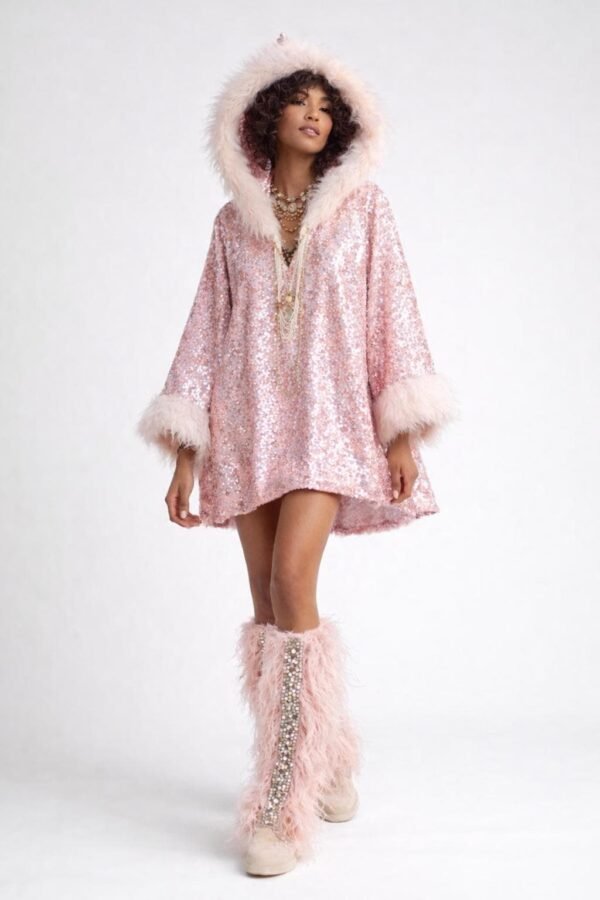 Blush pink faux feather leg warmers with shimmering sequin trim, styled over combat boots for a festival look.