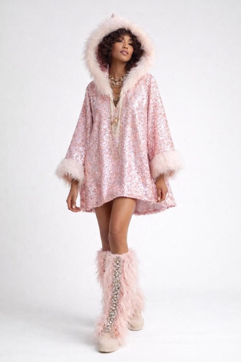 Blush pink faux feather leg warmers with shimmering sequin trim, styled over combat boots for a festival look.