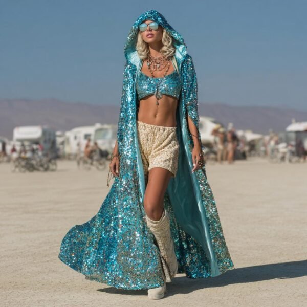 Turquoise sequin hooded duster coat with satin lining for festival wear