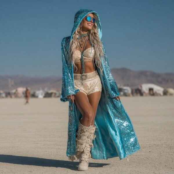 Turquoise sequin hooded duster coat with satin lining for festival wear