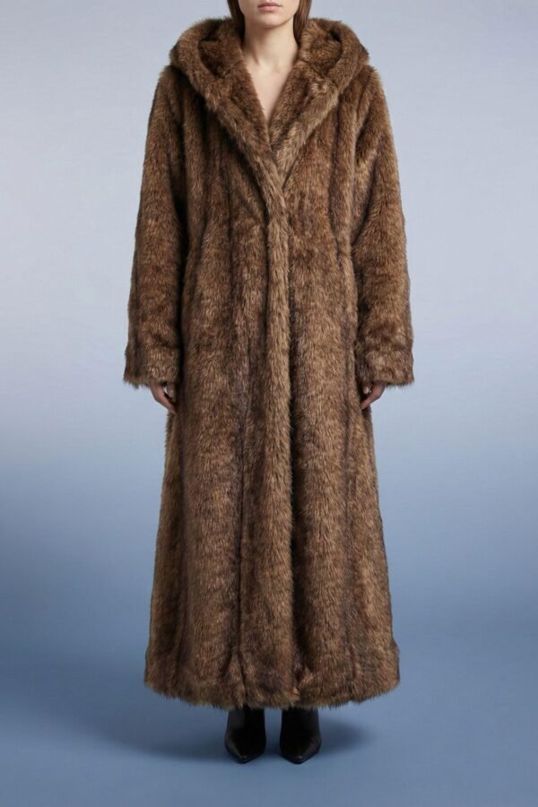 ZEVQ premium brown faux fur hooded festival parka worn at a festival
