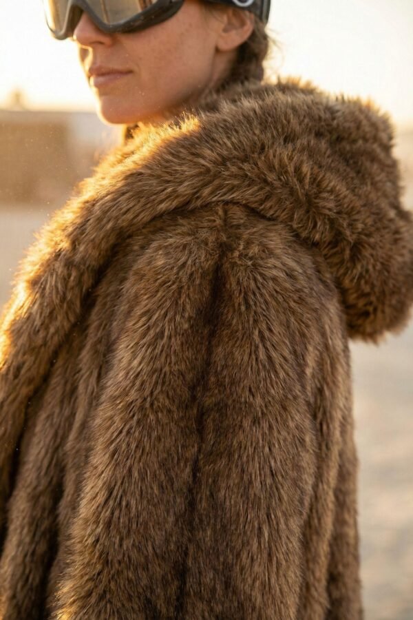 ZEVQ premium brown faux fur hooded festival parka worn at a festival