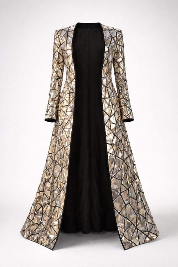 ZEVQ's premium satin-lined mirror mosaic duster, a custom festival robe with reflective panels and luxurious lining.