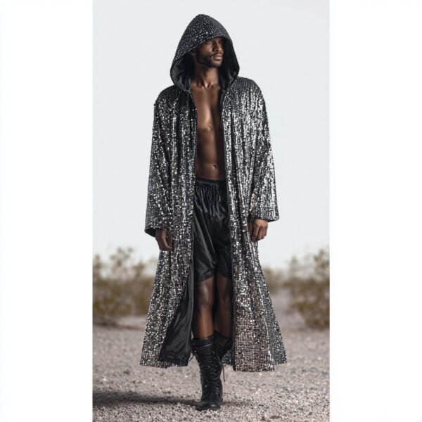 Luxury Men's Silver Sequin Duster Coat, a premium festival kimono for raves and events.