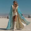 Luxury Turquoise Sequin Hooded Kaftan, a shimmering festival robe with satin lining.