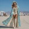 Luxury Turquoise Sequin Hooded Kaftan, a shimmering festival robe with satin lining.