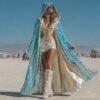 Luxury Turquoise Sequin Hooded Kaftan, a shimmering festival robe with satin lining.