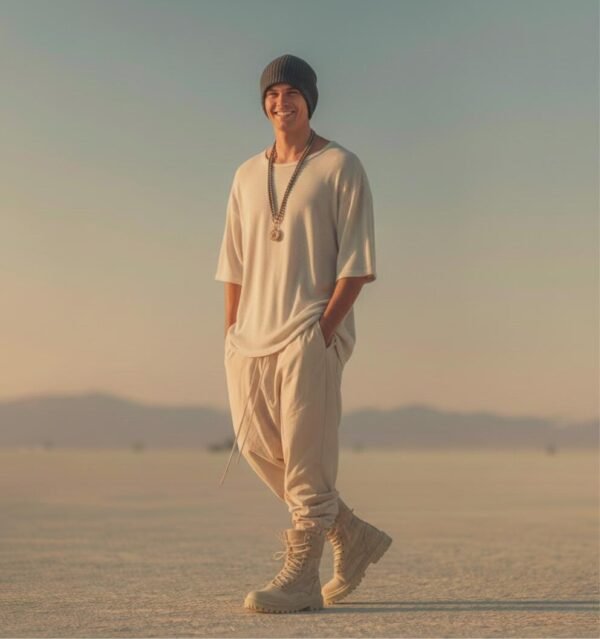 ZEVQ premium oversize boho festival t-shirt in off-white, modeled for desert festival wear.