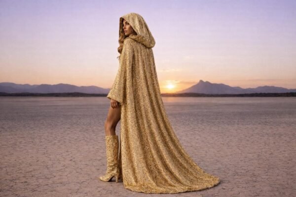 Premium gold sequin duster coat with satin lining, a custom-length festival kaftan from ZEVQ.