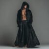 Custom faux fur duster, a black hooded maxi robe for festival fashion and luxury lounging.