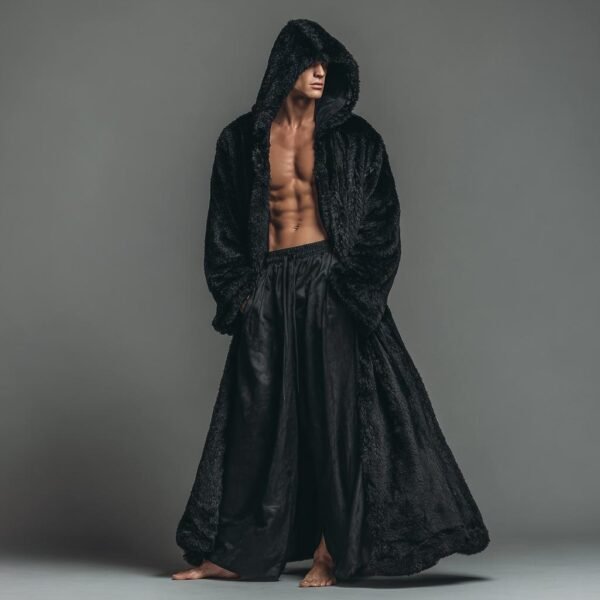 Custom faux fur duster, a black hooded maxi robe for festival fashion and luxury lounging.