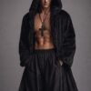 Custom faux fur duster, a black hooded maxi robe for festival fashion and luxury lounging.