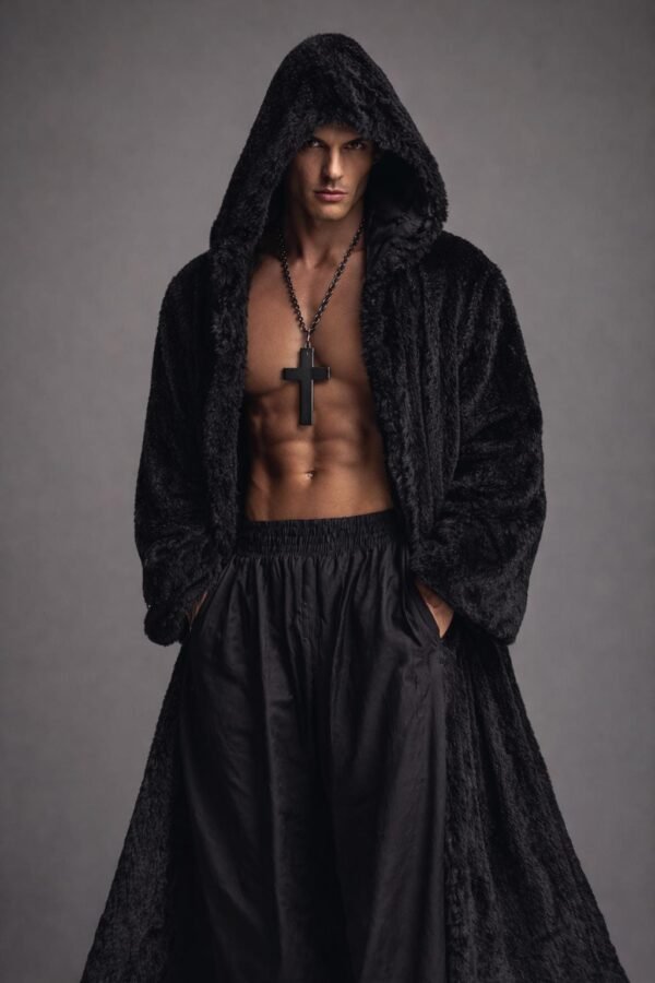 Custom faux fur duster, a black hooded maxi robe for festival fashion and luxury lounging.