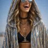 ZEVQ's custom holographic sequin duster, a shimmering festival kimono, worn at a vibrant event.