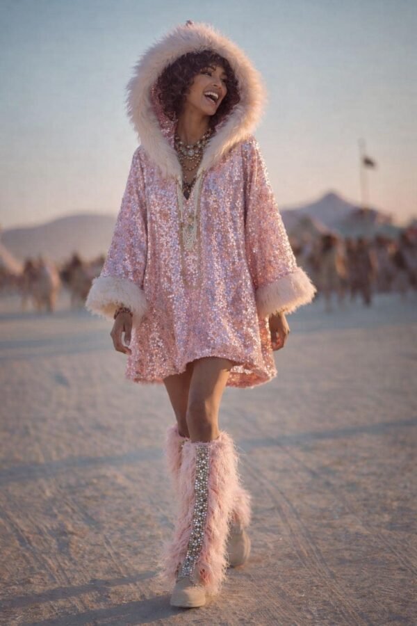 Blush pink faux feather leg warmers with shimmering sequin trim, styled over combat boots for a festival look.