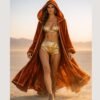 Burnt Orange Velvet Hooded Festival Kaftan with gold trim, flowing maxi duster for desert festivals