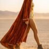 Burnt Orange Velvet Hooded Festival Kaftan with gold trim, flowing maxi duster for desert festivals