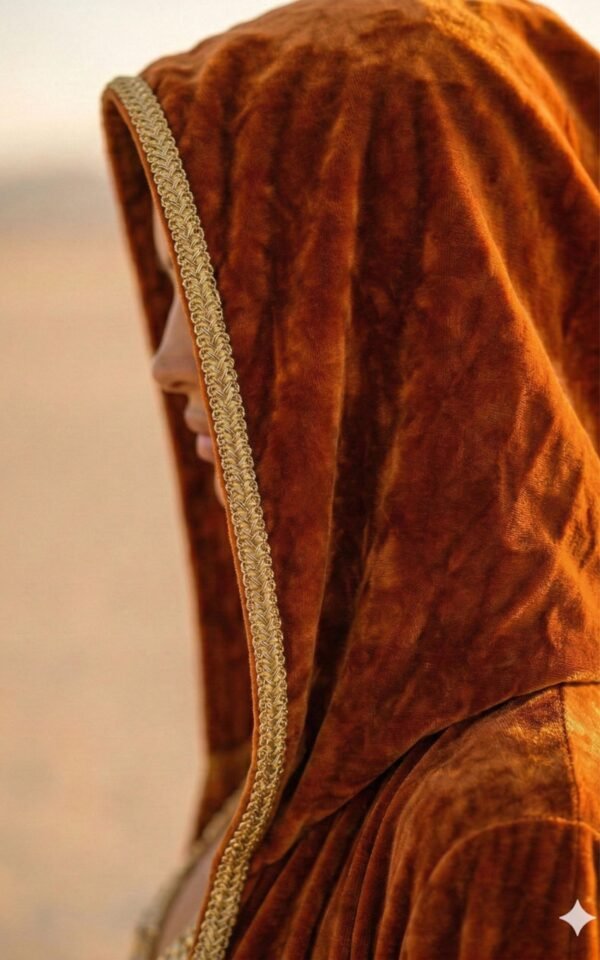 Burnt Orange Velvet Hooded Festival Kaftan with gold trim, flowing maxi duster for desert festivals