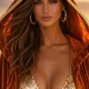 Burnt Orange Velvet Hooded Festival Kaftan with gold trim, flowing maxi duster for desert festivals