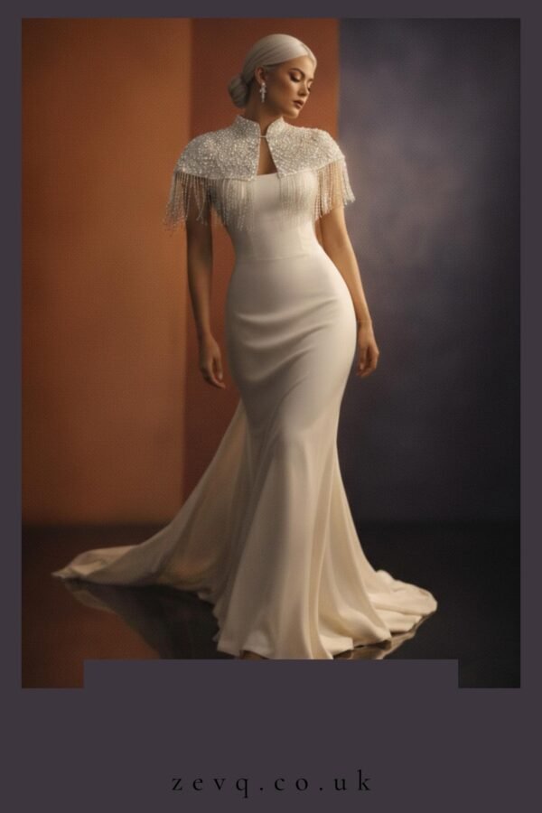 ZEVQ custom sequin bridal cape with beaded fringe, a luxury wedding shrug for brides and performers.